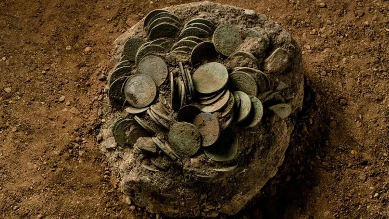Pārsteidzošs atradums Vācijas mežā: 273 sudraba monētu lāde, kas atrastas tikai 35 cm zem zemes.